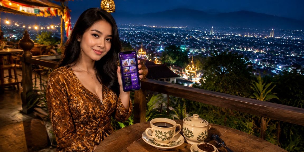 Pemuda Indonesia menggunakan aplikasi civictoto di sebuah kedai kopi modern
