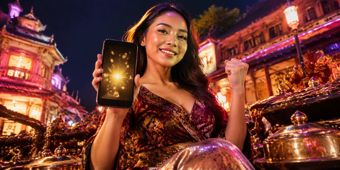 Pemain muda menikmati casino mobile dengan lampu neon berwarna di malam hari