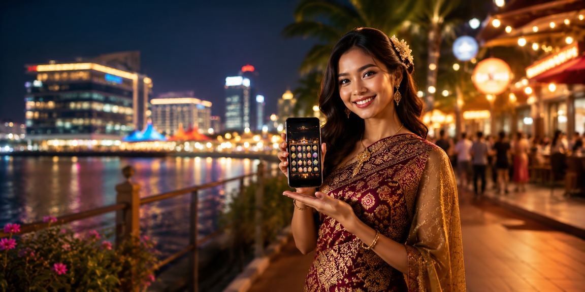 Pemain slot game aktif di pasar malam dengan suasana ramai dan berwarna